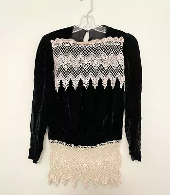 Vintage Tunic Womens S Black Velvet Crochet Trim Long Sleeve Goth Victorian • $21.67