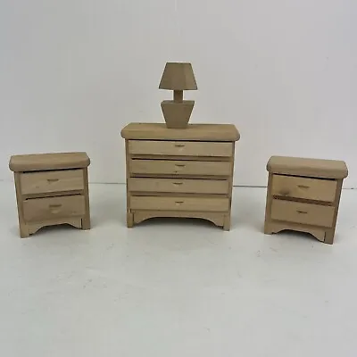 Dollhouse Bedroom Furniture Unpainted Lamp 2 Bedside Tables Dresser Unbranded • $14.84