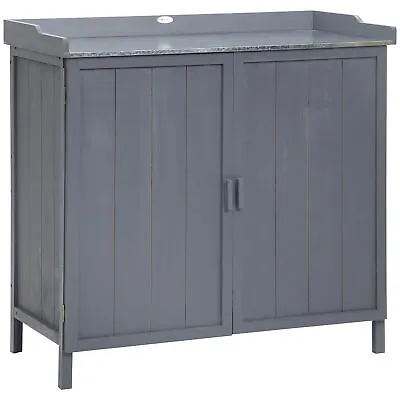 Outsunny Garden Storage Cabinet Potting Bench Table With Galvanized Top Grey • £98.99