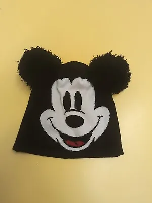 Disney Unisex Mickey Mouse Black Knit Winter Hat W/ Jumbo Pom Ears • $9.95