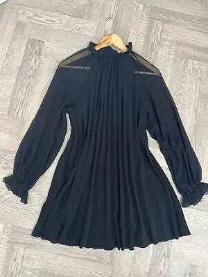 Zara Size M 12 14 Pleated Short Mini Dress Black Party Evening Trapeze Floaty • £16