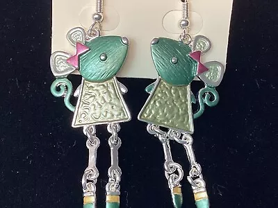 Unique Mouse Dangle Earrings SilverTone W/ TealGreenFace PinkBow CreamDress Jewe • $8.95