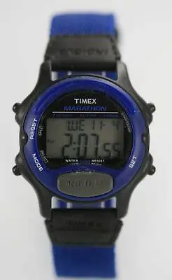 Timex Indiglo Marathon Women's Black Blue Plastic Nylon Date Light Alarm Watch • $31.16