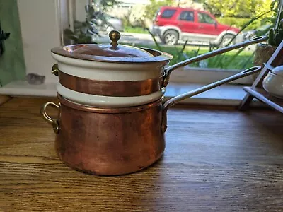 Vintage Copper Brass & Porcelain 3 PC Double Boiler Pot B.M. Douro • $65.57