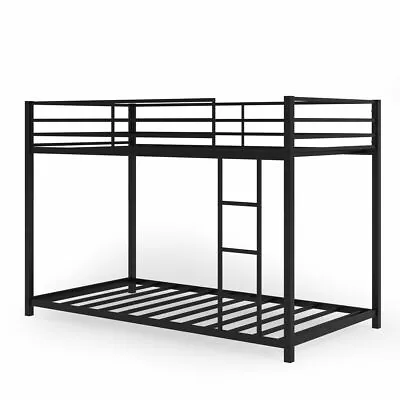 Twin Over Twin Bunk Bed Metal Frame Platform W/Guard Rails & Side Ladder Black • $199.99