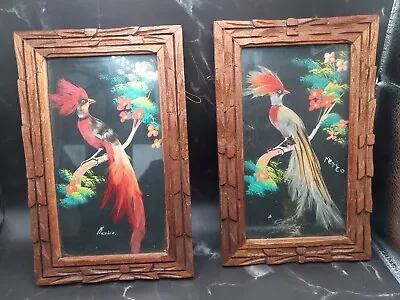Vintage Carved Wood Framed Mexican Feather Art Feathercraft Bird Picture Pair • $19