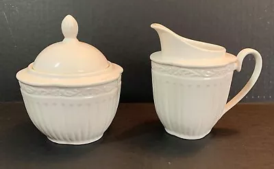 Mikasa ITALIAN COUNTRYSIDE White Ribbed Scroll Lidded Sugar & Creamer Set • $17.25