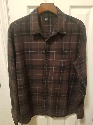 Mens Uniqlo Flannel Brown Black Plaid/Check Size L Large Shirt • $14