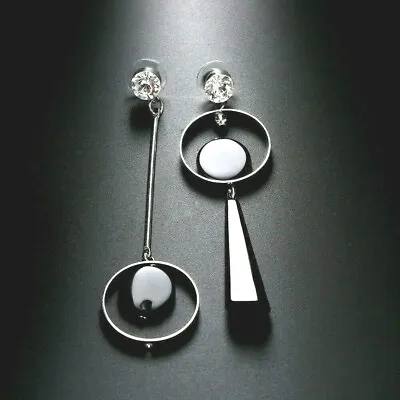 Long Drop Big Silver Black Mismatch Crystal Geometric Retro Dangle Earrings *UK* • £4.45