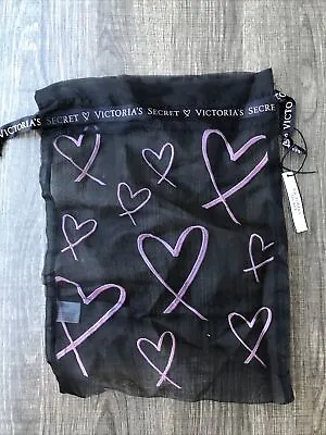 Victoria's Secret Pink Black Lingerie Bag Drawstring Mesh Pouch Valentine Hearts • $4.96