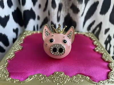 Betsey Johnson Vintage Rose Garden Pink Pig Head Crown Bow Stretch Ring RARE • $65.99