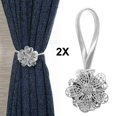 2 Pearl Curtain Tie Backs Crystal Flower Magnetic Tiebacks Clips Aluminium Alloy • £7.91