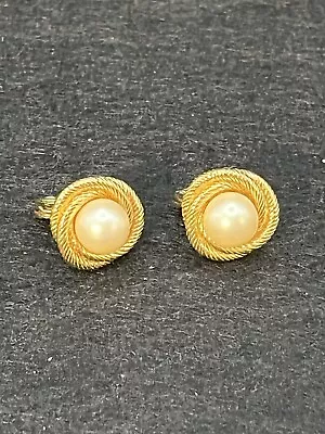Monet Gold Tone Huggie Clip On Earrings Faux Pearls Pre Owned SEE PICTURES • $16