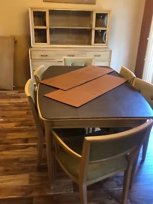 $600 • Buy Dining Room Table Set For 6 And Midcentury Solid Wood Hutch Cabinet