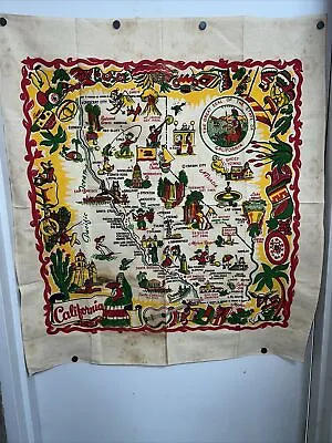 Vintage California State Landmarks Souvenir Tablecloth Cactus Cloth NEW WITH TAG • $128
