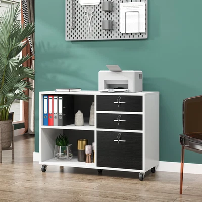 $96.99 • Buy Lateral File Cabinet With 3 Drawers Wood Filling Cabinets Large Storage W/ Lock
