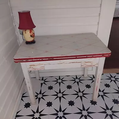 Antique Red & White Porcelain Enamel 48 X24 W (42”w When Extended) Kitchen Table • $250