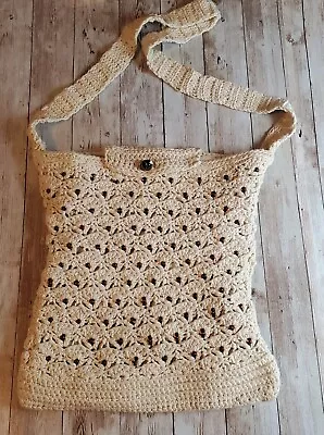 Macrame Handmade Crochet Boho Retro Purse Tote Bag Ivory Cream Plaid Interior • $19.99