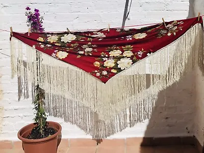 Antique Silk Red Floral Spanish Flamenco Piano Shawl Manton De Manila • $252