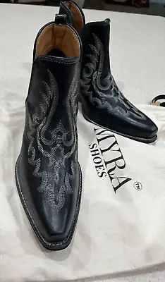 Nwot Myra Zippy Western Boot Black Size 10 Hand Stitching Free Ship In Usa • £94.07