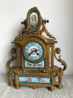 £475 • Buy ANTIQUE FRENCH  Figural Ormolu MANTEL CLOCK With Beautiful Porcelain Panels.