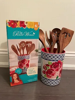 The Pioneer Woman Heritage Floral 6-Piece Melamine Utensil Crock W/ Wood Tools • $14.99