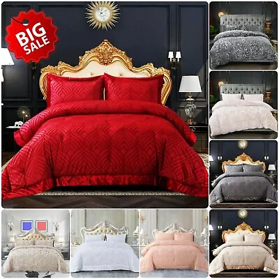 3 Piece Velvet Quilted Bedspread Throw Luxury Bedding Set Double Super King Size • £32.25