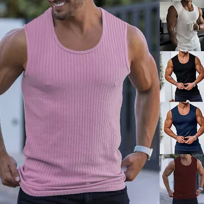 Men Ribbed Sleeveless Solid Vest Tops Sport Bodybuilding Muscle Gym Fitness Tank • £10.88