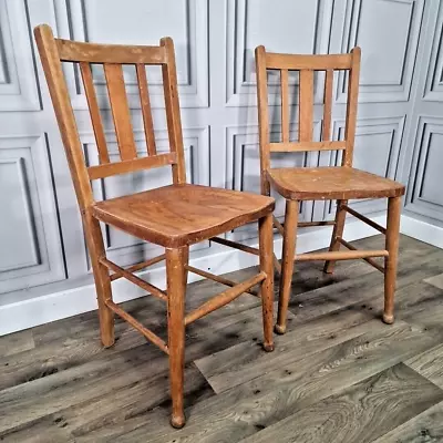 Antique Vintage Pair Of 2 Solid Wooden Chapel School Chairs - Church Seat Chair • £129.99
