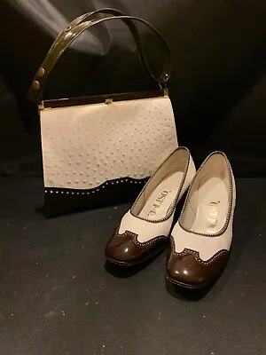 DeLiso Brown And White Ostrich Spectator Heel Shoe/Lennox Purse Matching • $99