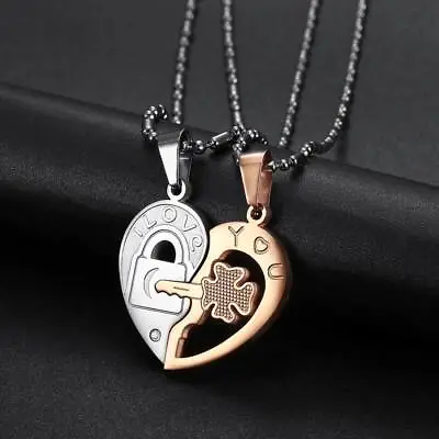 Couple Necklace Set Matching Love Heart Pendant I Love You  His & Hers Necklaces • $7.66