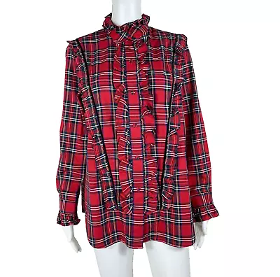 TUCKERNUCK Royal Stewart Ruffle Tartan Plaid Reagan Top Size Large - NTSF • $74.99