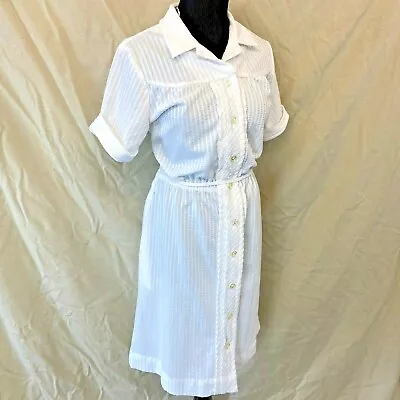 Vintage Nurse Uniform Dress Size L Seersucker Texture Belted White Swan DS5 • $69.95