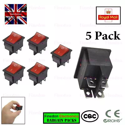 5x Rocker Switch 16A 240V 20A 125V RED ON-OFF Double Pole 4 Pin ILLUMINATED 4 • £11.98