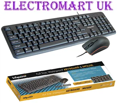 £9.90 • Buy Computer Pc Full Size Wired Waterproof Keyboard And Mouse Multimedia Keys Black