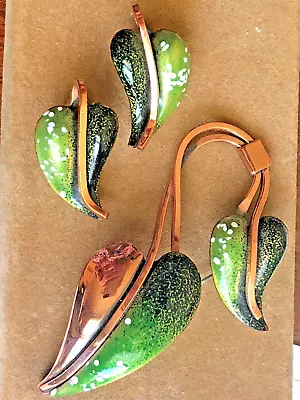 Matisse Copper & Green Enameled Leaf Brooch & Earrings Vintage Set • $40