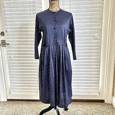 Laura Ashley Vintage Cottage Core Maxi Dress US 6 Navy Blue Polka Dot W/ Pockets • $65