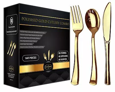 $13.99 • Buy JL Prime 160 Pack Heavy Duty Disposable Gold Plastic Silverware Set For Party