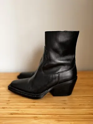 Mango Black Leather Cowboy Western Ankle Boots Size 36 • £25