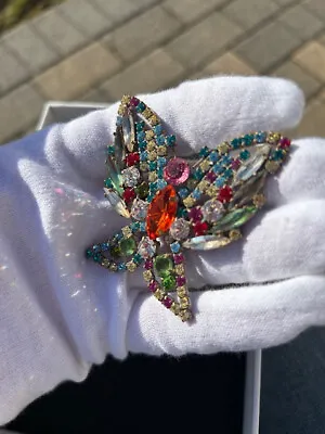 HUGE Vintage Czech Crystal Rhinestone Butterfly Insect Pin Brooch Multicolor AB • $95