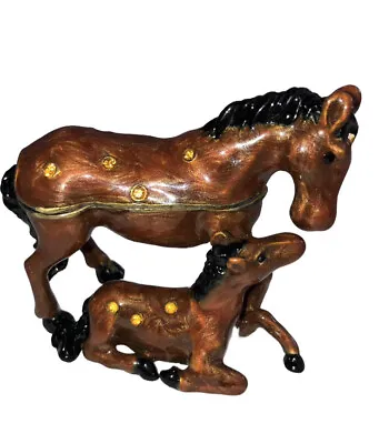Enamel Horse Trinket Box Mare Baby Colt Foal Lidded Hinged Rhinestone • $22