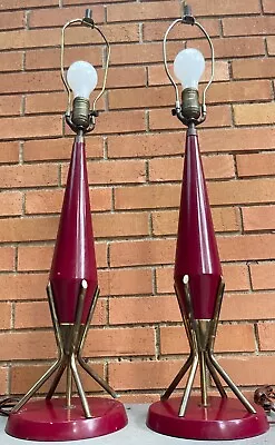 Pair Vintage 50s / 60s Atomic Wood Brass Lamps Mid Century Modern MCM Lighting • $1250