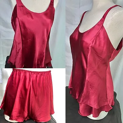 Vtg Victoria Secret SILK Panty Tap Pant  Cami Hi Cut Pajama Set Burgundy Red M L • $59.96