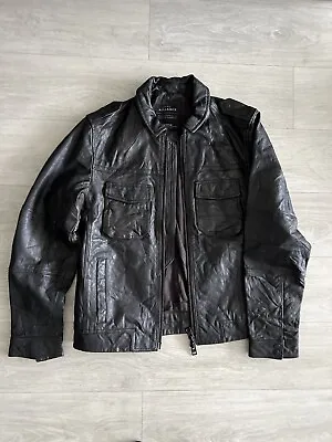 ALL SAINTS Shift LEATHER JACKET Distressed Black Medium Great Condition • £89