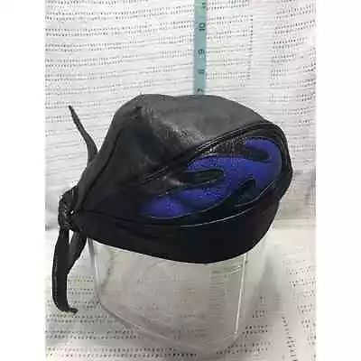 Leather Biker Skull Cap Doo Rag Hat Black With Blue Flames Motorcycle Caps • $25