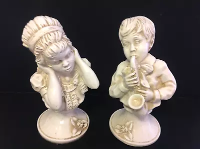 Universal Statuary Corp J. Kendrick Boy & Girl Bust Statue Pair Saxaphone • $14.99