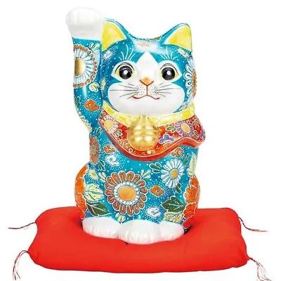 Maneki Neko Kutani Yaki Porcelain Japanese Lucky Cat Deep Blue Mori Big 9.64in • $988