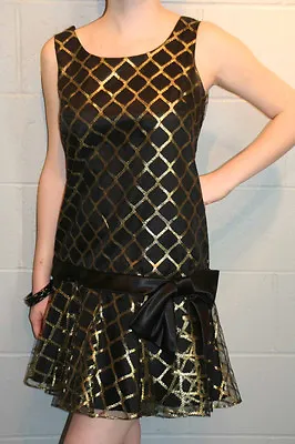 S VTG 1960s MOD Silky Lined MINI Dress Drop Waist BLACK METALLIC GOLD LACE NET • $64.99