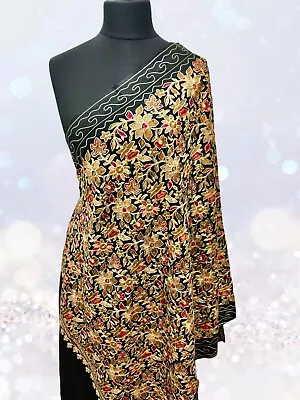 Luxurious Kashmiri Embroidery Shawl Scarf Wrap Stole Hijab Fine Wool Black • £19.99