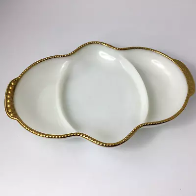 Vintage Fire King Ware Snack Nut Candy Dish Bowl White Milk Glass Gold Trim • $14